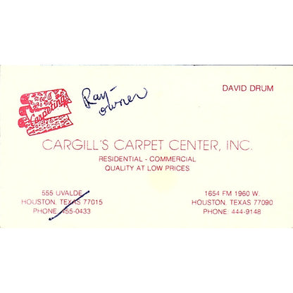 Cargill's Carpet Center David Drum Houston Texas Vintage Business Card SF3-B6