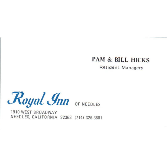 Royal Inn Pam & Bill Hicks Needles CAVintage Business Card SD8-B22