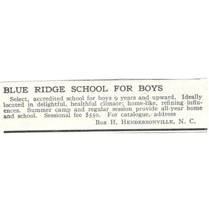 Blue Ridge School for Boys Hendersonville NC c1918 Advertisement AE5-SA11