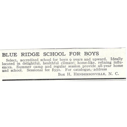 Blue Ridge School for Boys Hendersonville NC c1918 Advertisement AE5-SA11