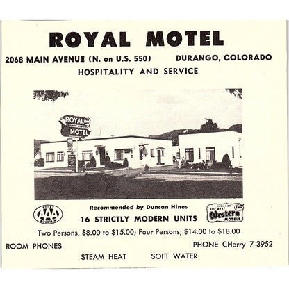 Royal Motel Durango CO 1958 Ad AG1-H3