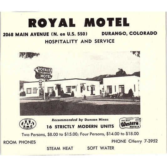 Royal Motel Durango CO 1958 Ad AG1-H3
