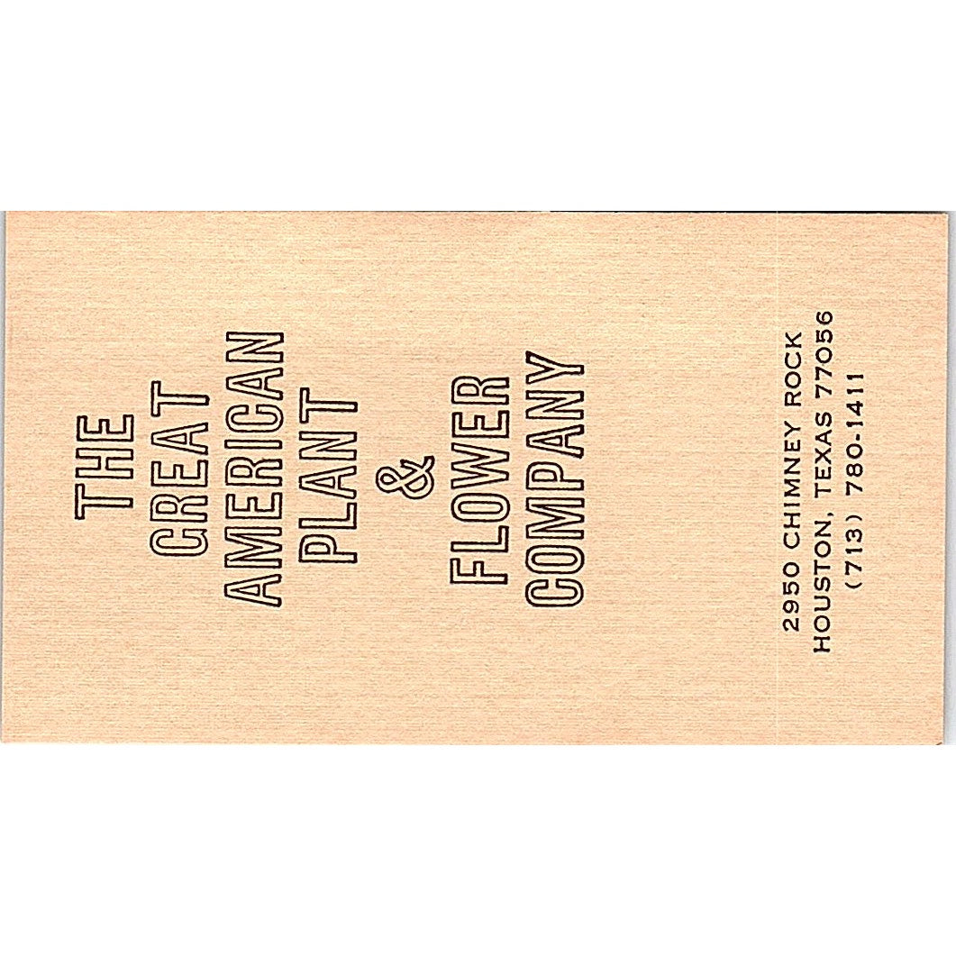 The Great American Plant & Flower Company, Houston, Texas Business Card Sf3-B8