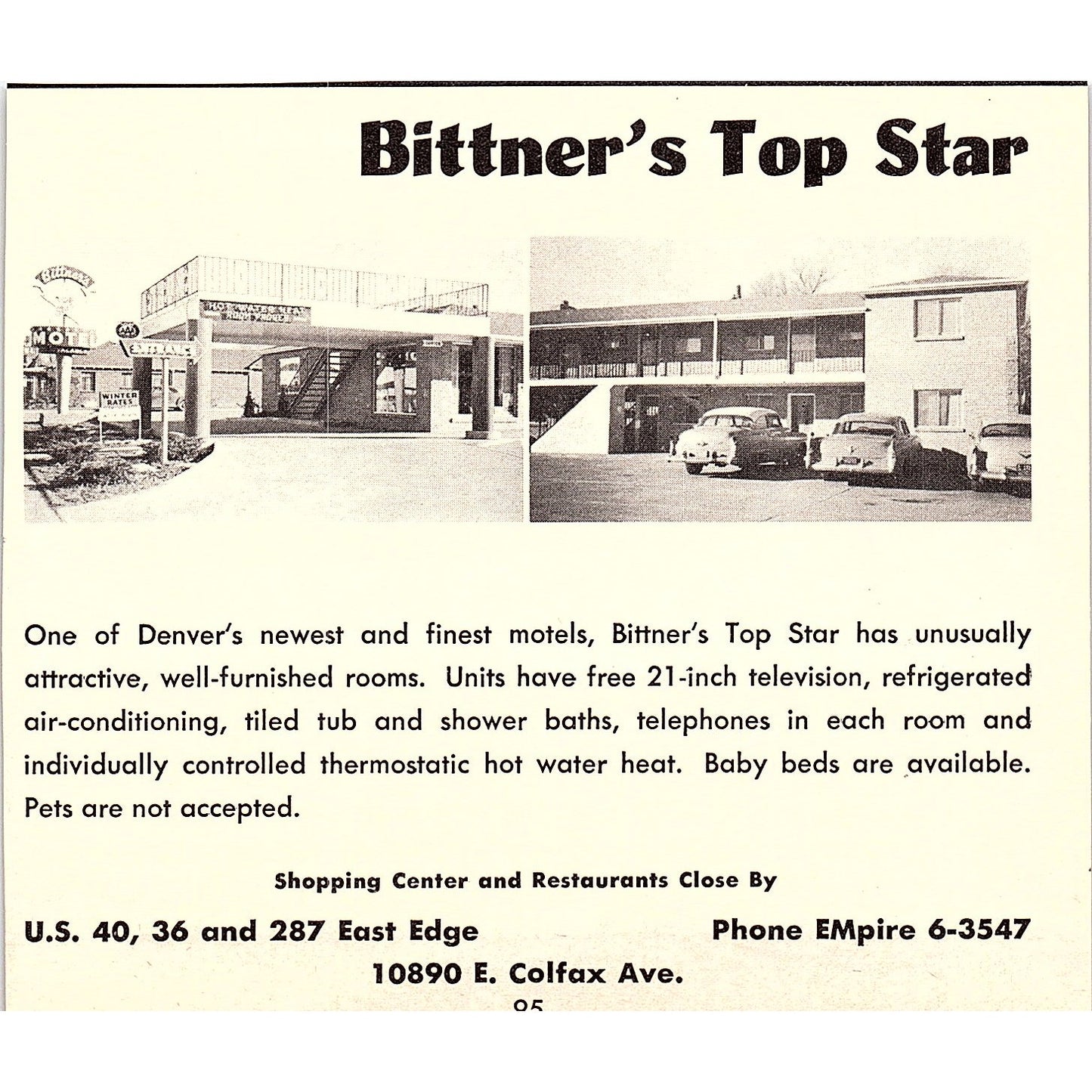 Colonial Manor Motor Hotel, Bittner's Top Star Denver CO 1958 Ad AG1-H1