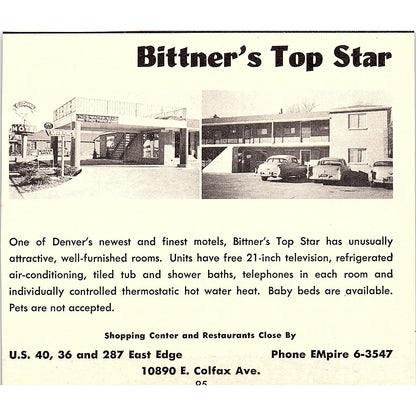 Colonial Manor Motor Hotel, Bittner's Top Star Denver CO 1958 Ad AG1-H1