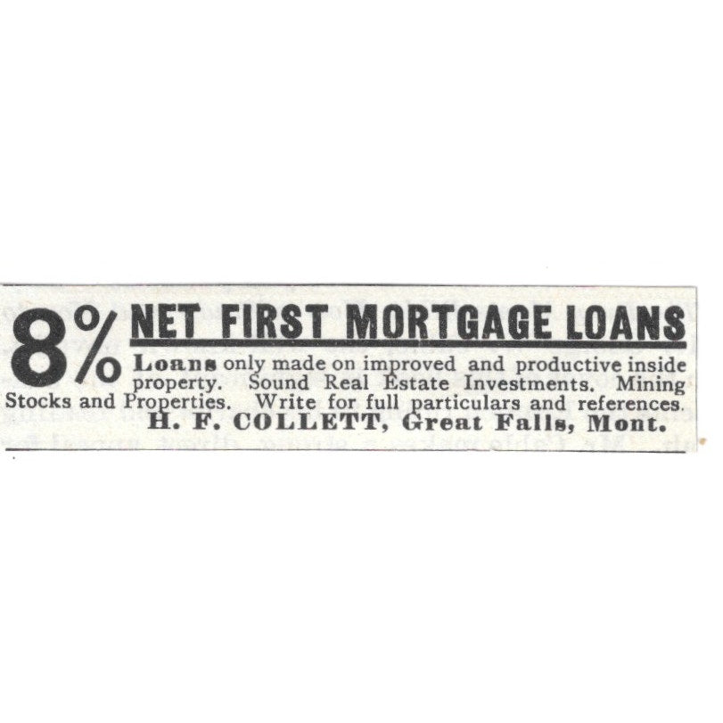 H.F. Collett Mortgage Loans Great Falls Montana 1892 Ad AG2-S25