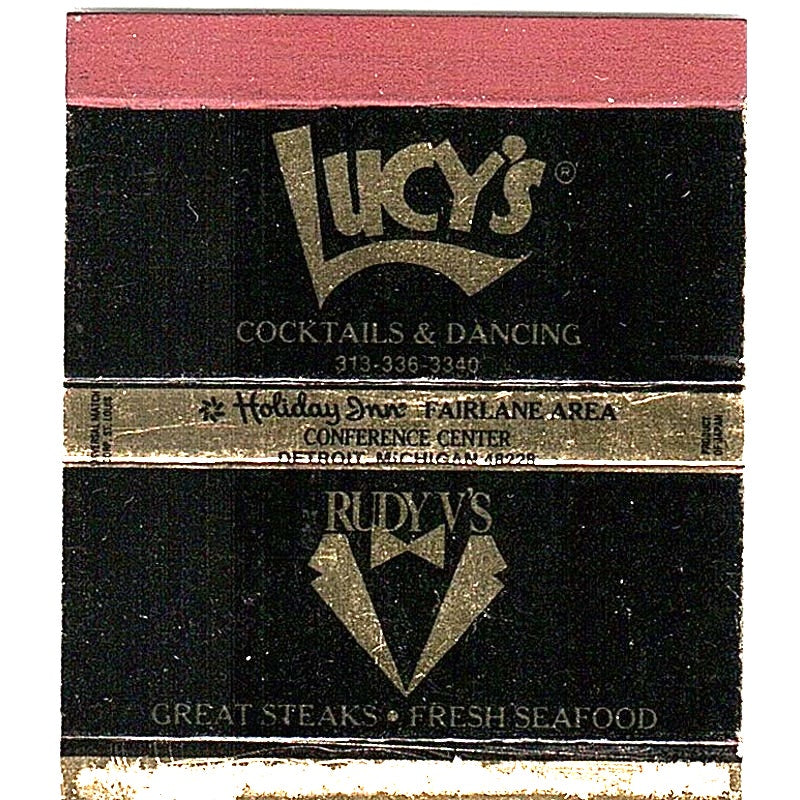 Lucy's Cocktails, Rudy's Steaks Detroit MI Vintage Matchbook MM4-10