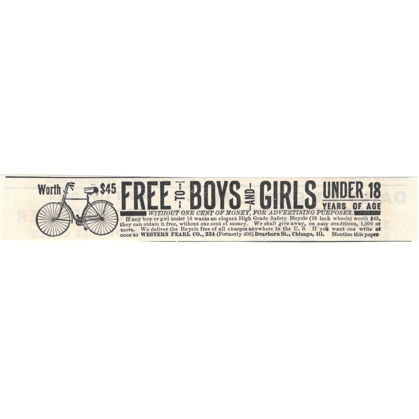 Free Bicycle Giveaway Western Pearl Co Chicago c1890 Victorian Ad AE8-CH13