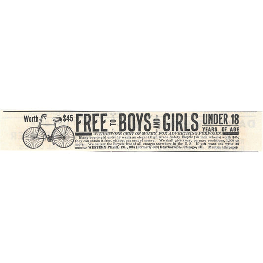 Free Bicycle Giveaway Western Pearl Co Chicago c1890 Victorian Ad AE8-CH13