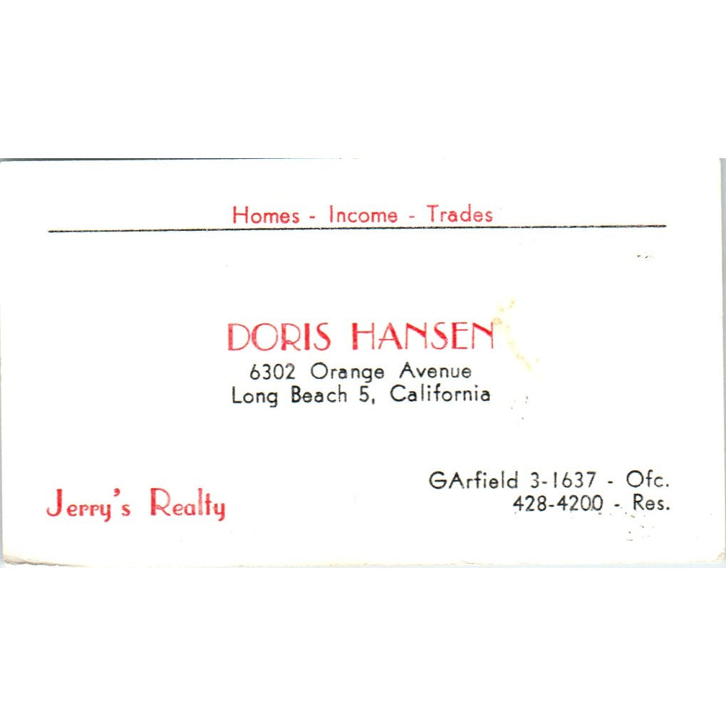 Doris Hansen Jerry's Realty Long Beach CA Vintage Business Card SD8-B1