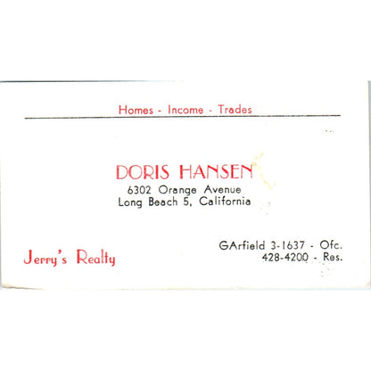 Doris Hansen Jerry's Realty Long Beach CA Vintage Business Card SD8-B1