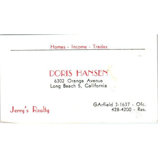 Doris Hansen Jerry's Realty Long Beach CA Vintage Business Card SD8-B1