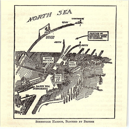 Map of Zeebrugge Harbor Blocked by British 1919 WWI Print AG1-1