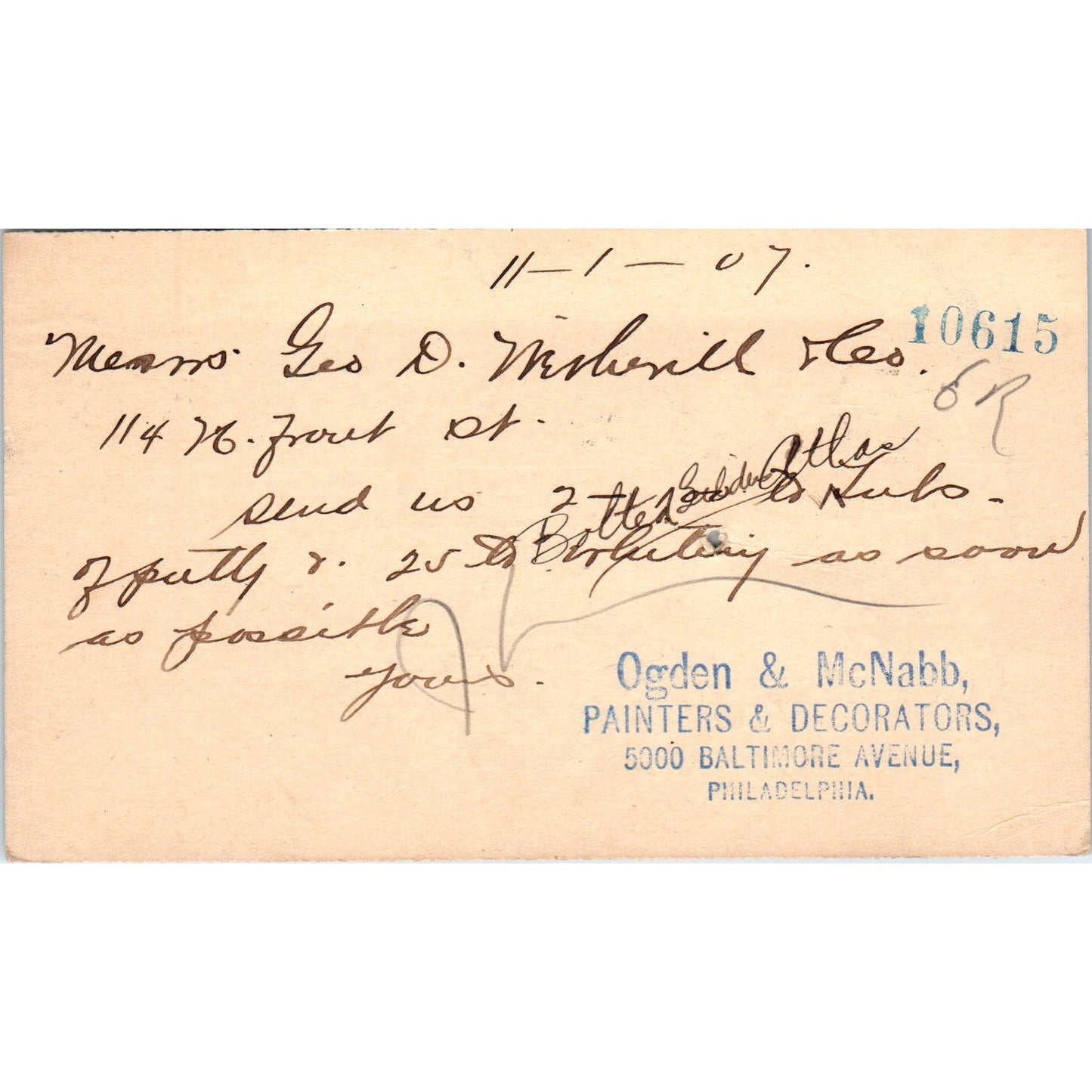 1907 Ogden & McNabb Painters And Decorators Philadelphia Postal Mailing Card PE6