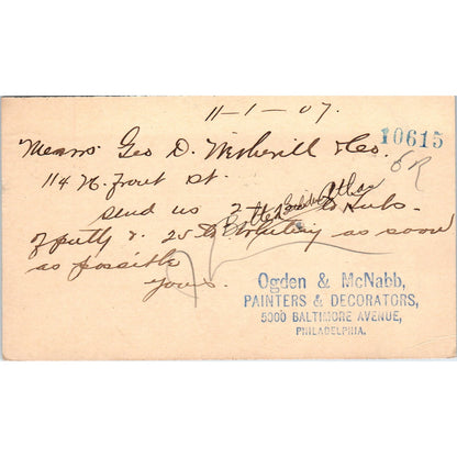 1907 Ogden & McNabb Painters And Decorators Philadelphia Postal Mailing Card PE6