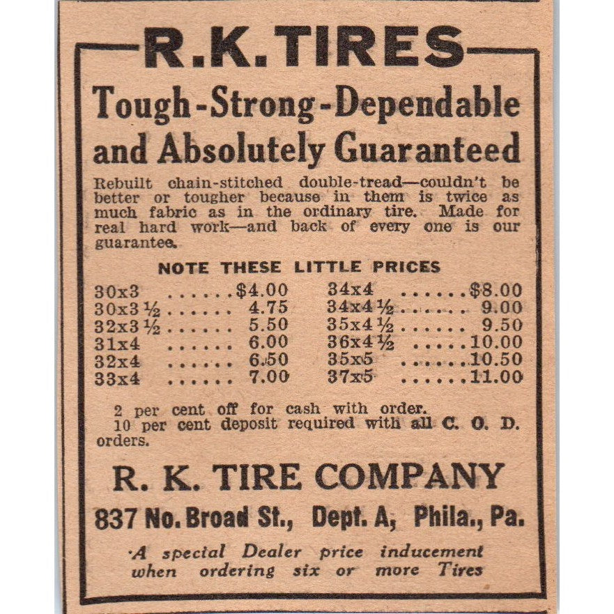 R.K. Tire Company Philadelphia PA 1922 Magazine Ad AF2-S9