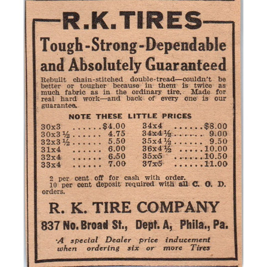 R.K. Tire Company Philadelphia PA 1922 Magazine Ad AF2-S9