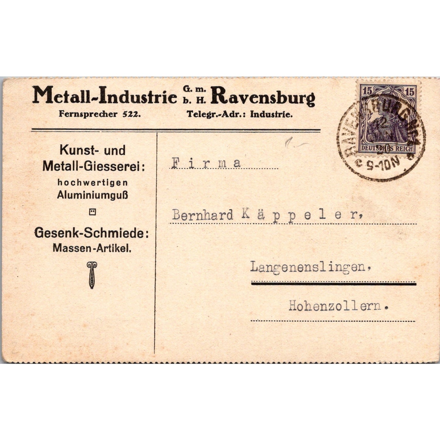 Metall-Industrie Ravensburg Bernhard Käppeler 1920 German Reich Postcard TE2-GRQ
