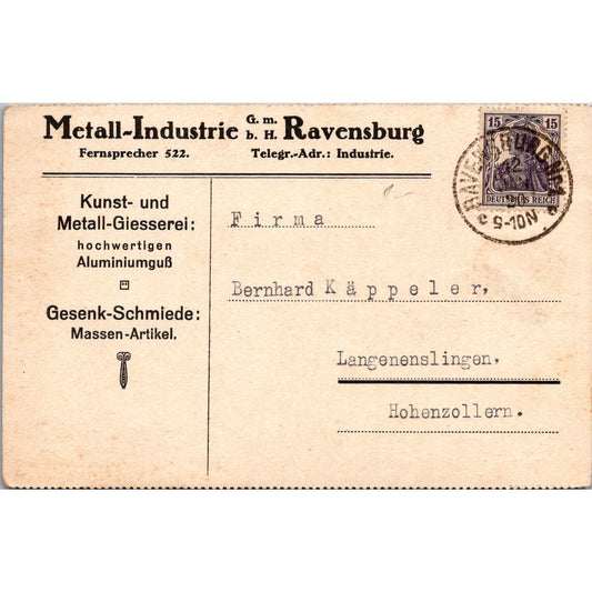 Metall-Industrie Ravensburg Bernhard Käppeler 1920 German Reich Postcard TE2-GRQ