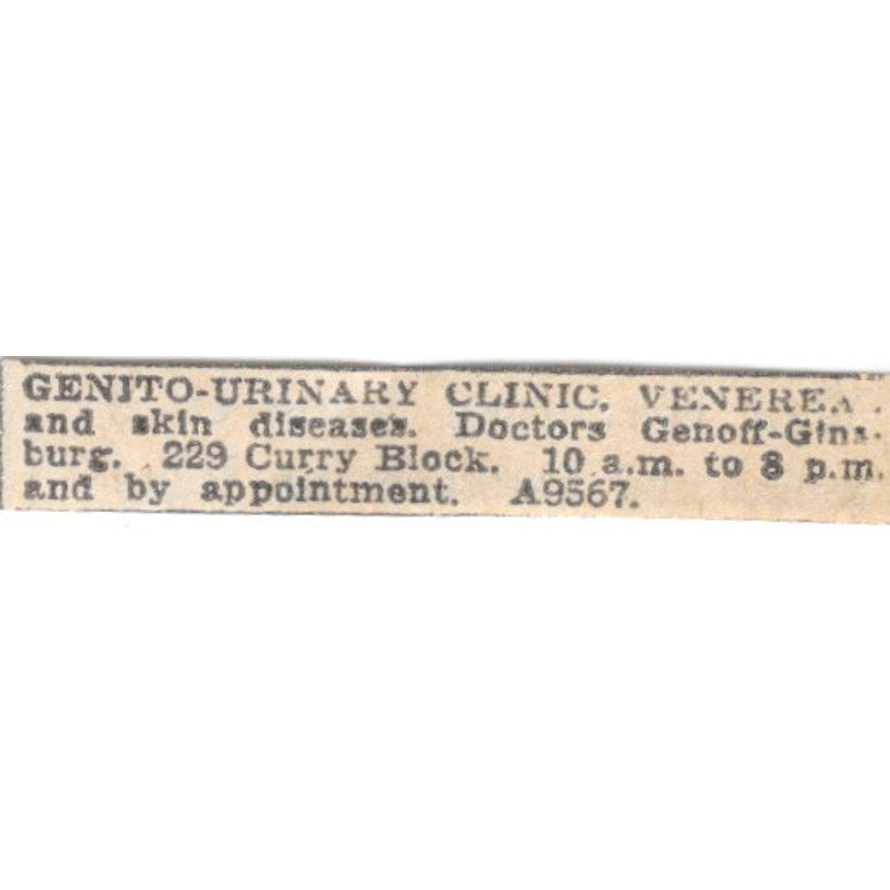 Genito-Urinary Clinic Dr Genoff Ginsburg 229 Curry Block Winnipeg 1920 Ad AG2-S6
