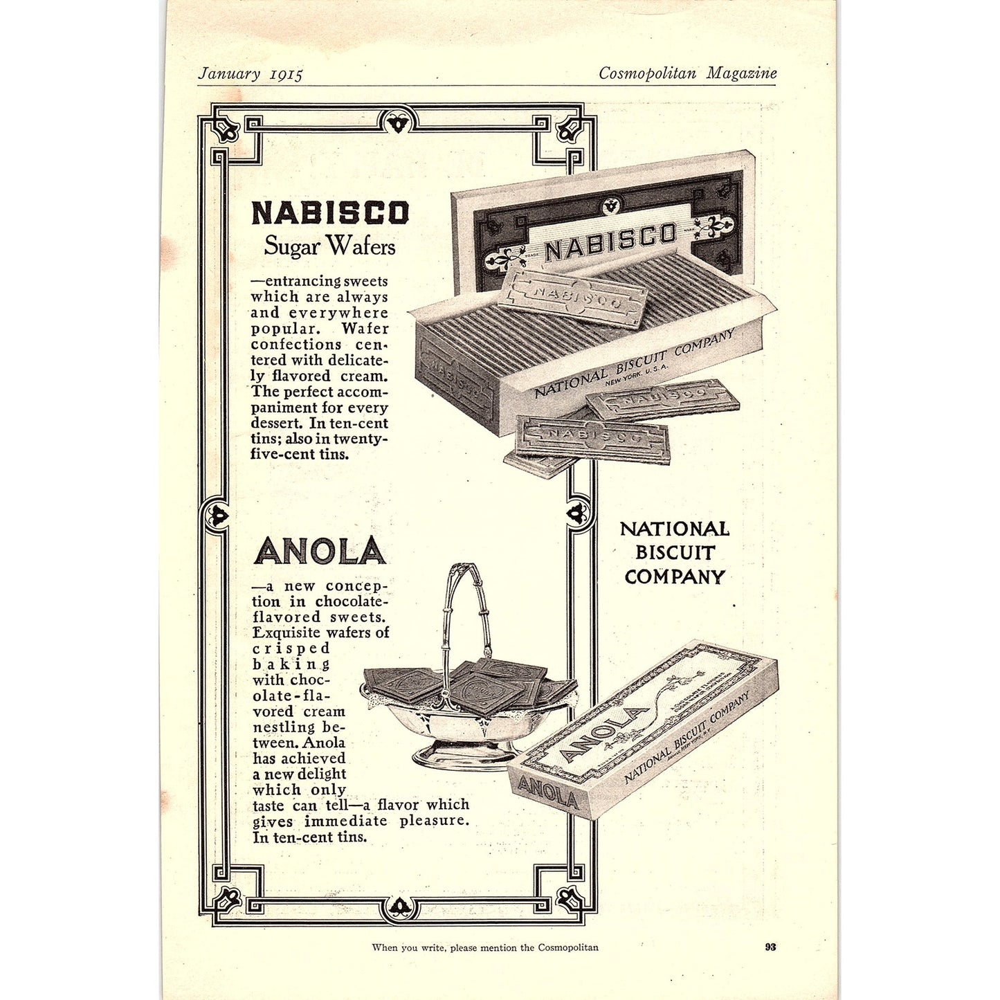 Nabisco Sugar Wafers, Anola Chocolate Wafers c1915 Magazine Ad 6.5x10 V18