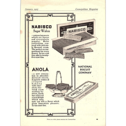 Nabisco Sugar Wafers, Anola Chocolate Wafers c1915 Magazine Ad 6.5x10 V18