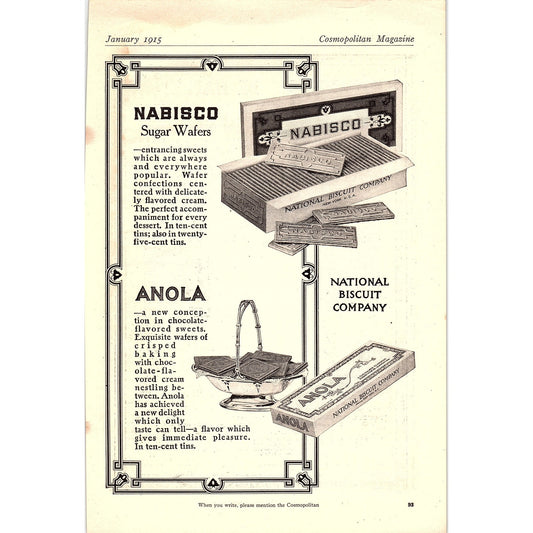 Nabisco Sugar Wafers, Anola Chocolate Wafers c1915 Magazine Ad 6.5x10 V18