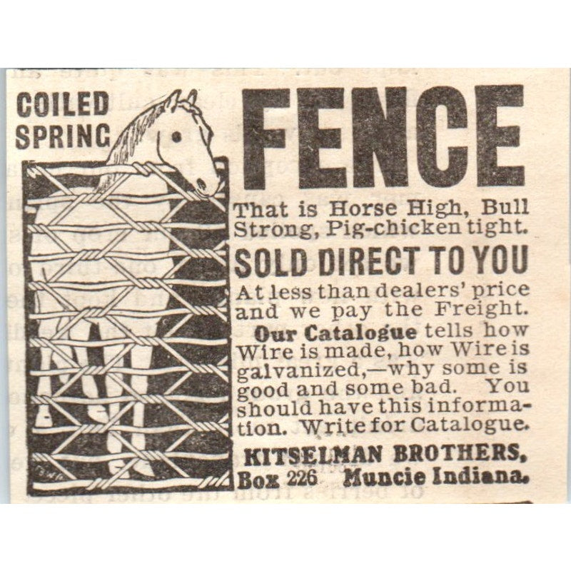 Kitselman Brothers Coiled Spring Horse Fence Muncie IN 1905 Magazine Ad AF1-NH2