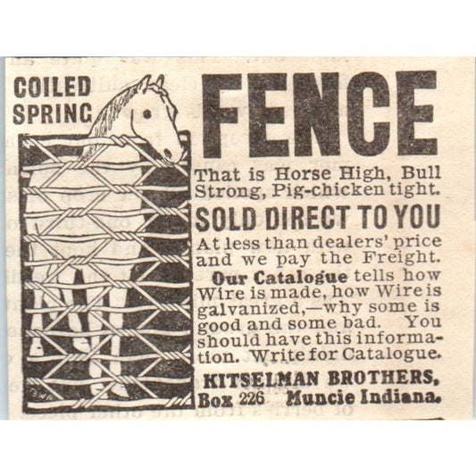 Kitselman Brothers Coiled Spring Horse Fence Muncie IN 1905 Magazine Ad AF1-NH2