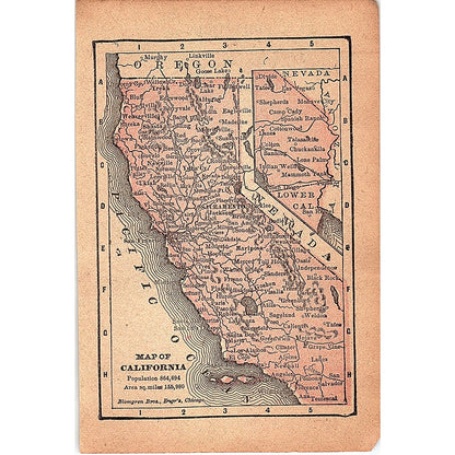 Antique 1889 Map of California 1889 Pocket Map Engraving SAG4-H4