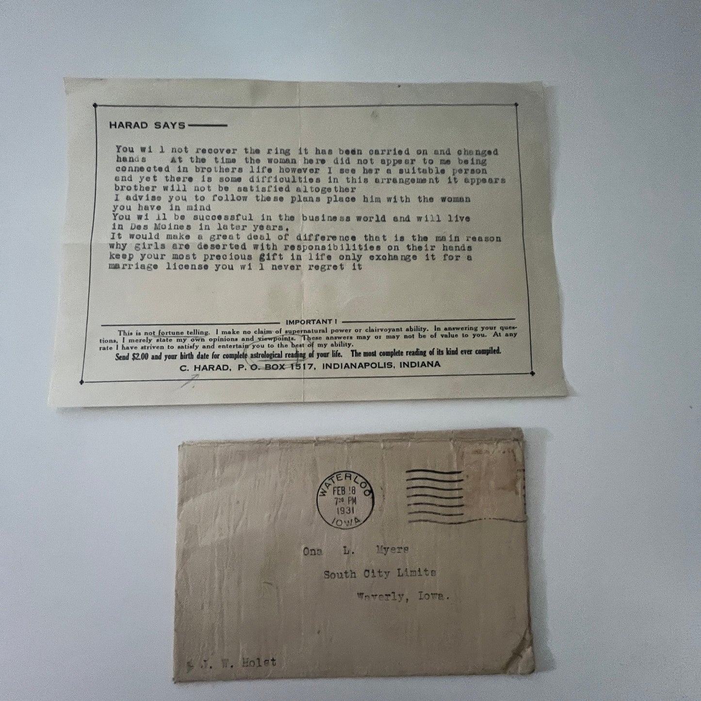 1931 Dr. C. Harad Waterloo IA Astrological Reading for Ona L Myers Waverly K23