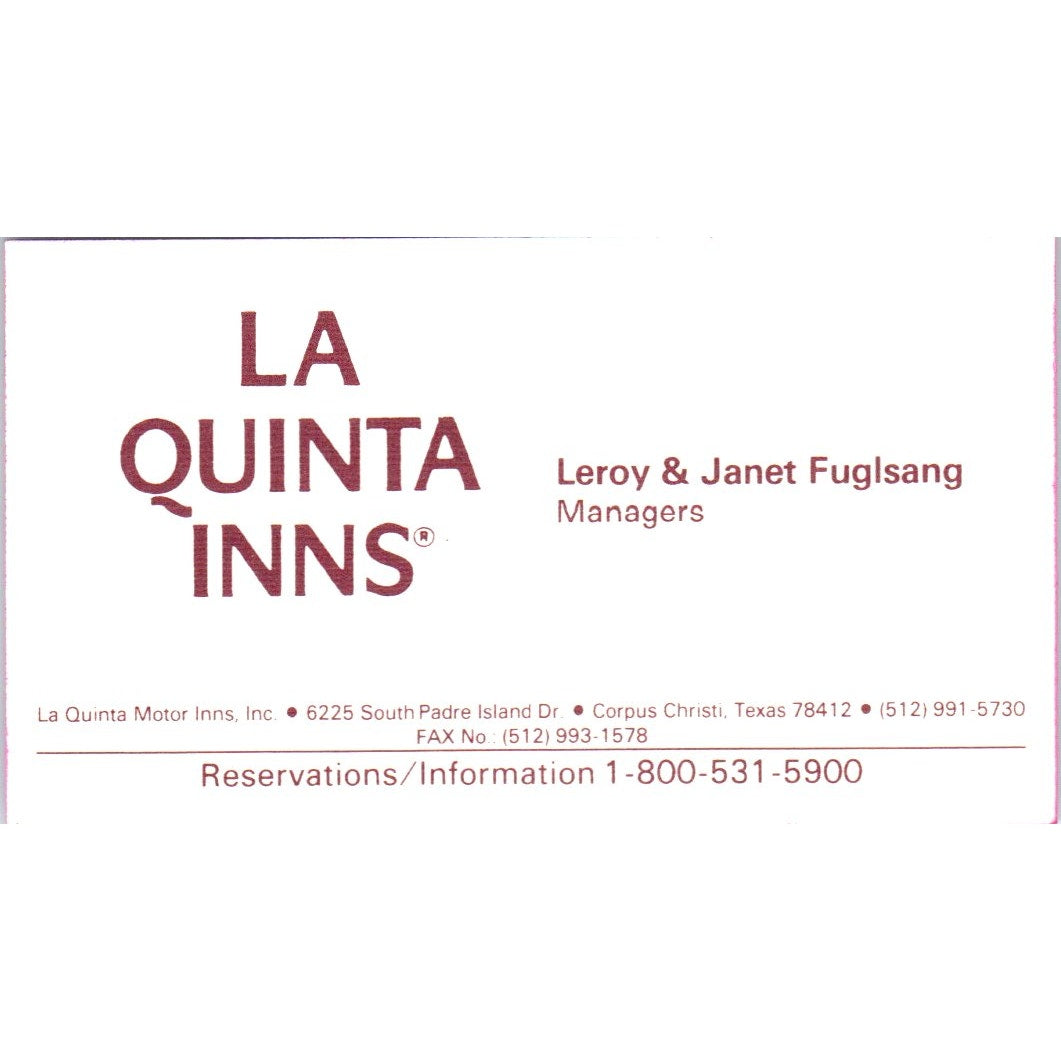 Leroy & Janet Fuglsang La Quinta Inns Corpus Christi Vtg Business Card SD8-B21
