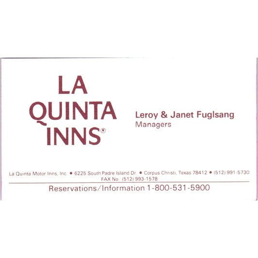 Leroy & Janet Fuglsang La Quinta Inns Corpus Christi Vtg Business Card SD8-B21