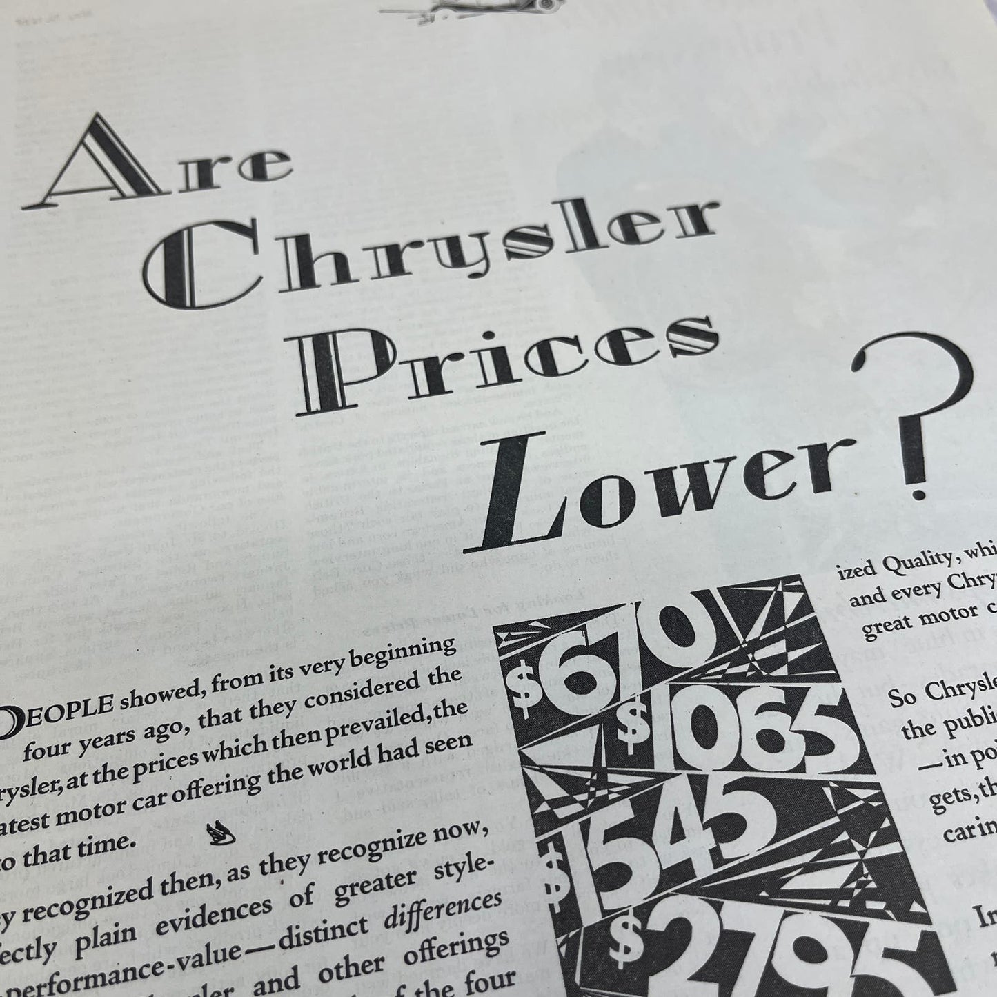 Chrysler Prices Detroit MI 1928 Original Magazine Advertisement FL6-8