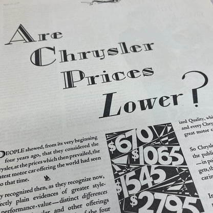 Chrysler Prices Detroit MI 1928 Original Magazine Advertisement FL6-8