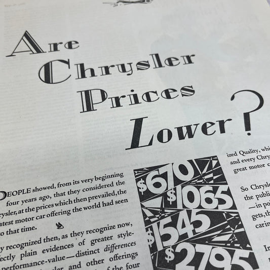 Chrysler Prices Detroit MI 1928 Original Magazine Advertisement FL6-8