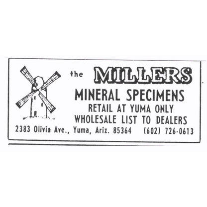 Millers Mineral Specimens Yuma Arizona 1972 Ad AF8-S6