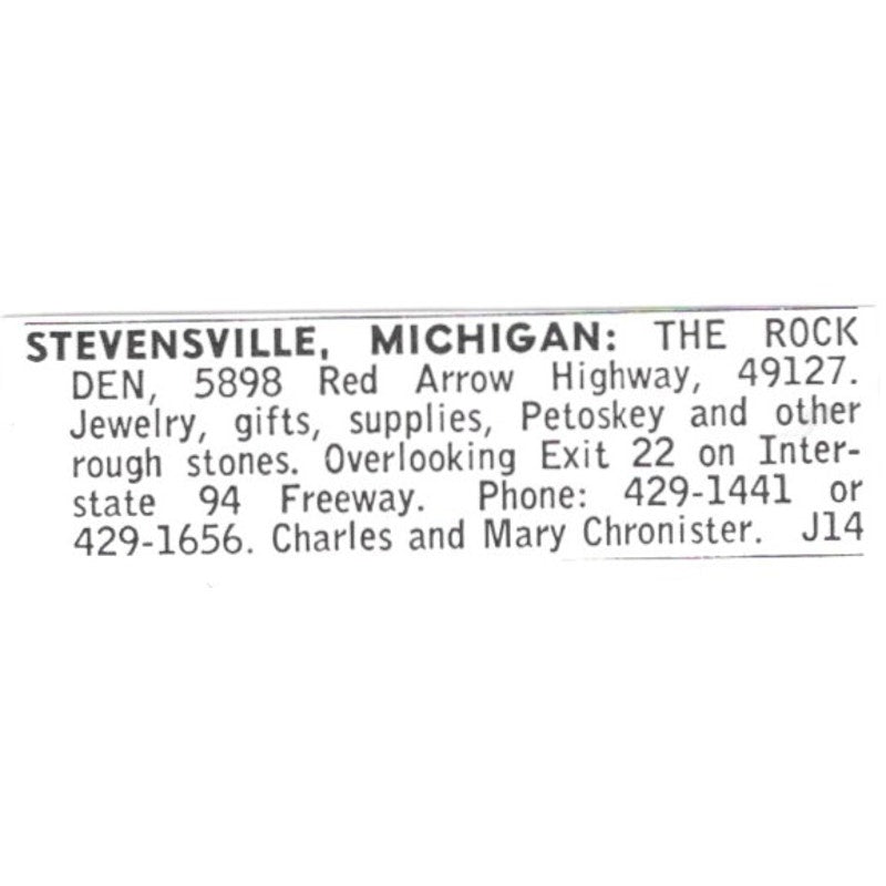 The Rock Den Charles & Mary Chronister Stevensville MI 1972 Ad AF8-S13