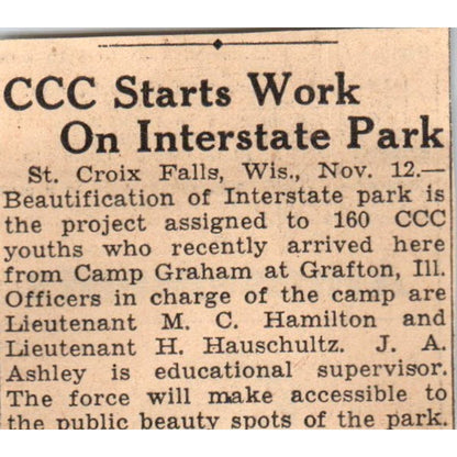 CCC Starts Work on Interstate Park St. Croix WI 1935 News Article AE7-N6