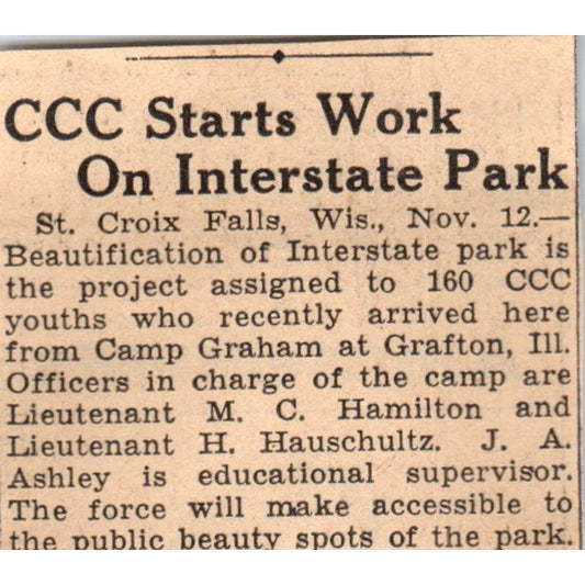 CCC Starts Work on Interstate Park St. Croix WI 1935 News Article AE7-N6