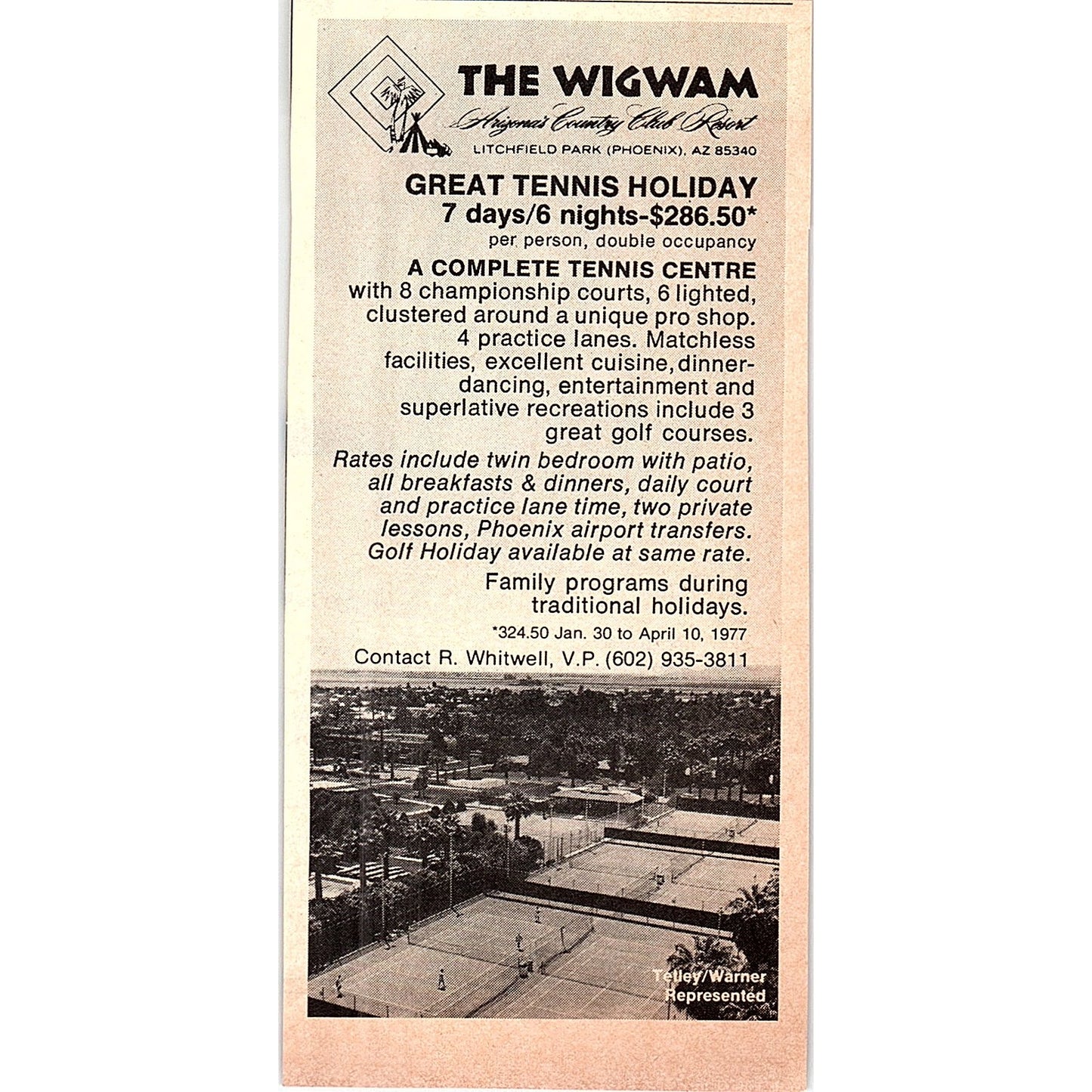 The Wigwam Tennis Resort R. Whitwell Phoenix AZ 1977 Ad AF3-Q1