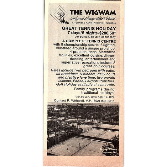 The Wigwam Tennis Resort R. Whitwell Phoenix AZ 1977 Ad AF3-Q1