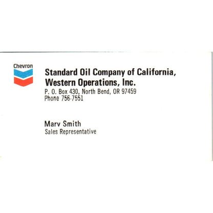 Marv Smith North Bend OR Chevron Standard Oil Vintage Business Card SD8-B21