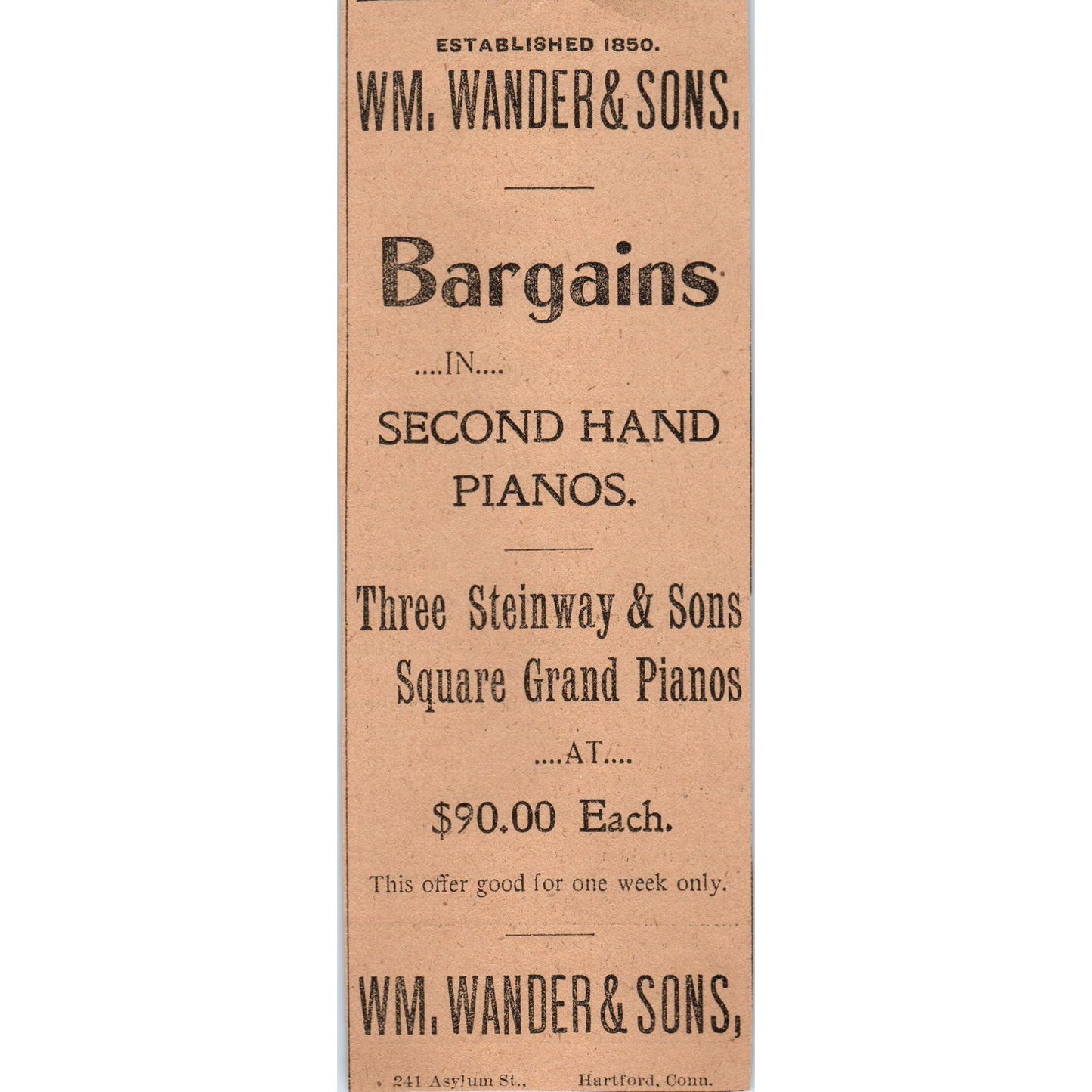 Wm. Wander & Sons Second Hand Pianos Hartford 1901 Newspaper Ad AD8-H3