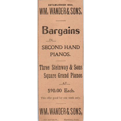 Wm. Wander & Sons Second Hand Pianos Hartford 1901 Newspaper Ad AD8-H3