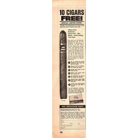 John Surrey Cigar Club New York NY 1974 Ad AG1-10