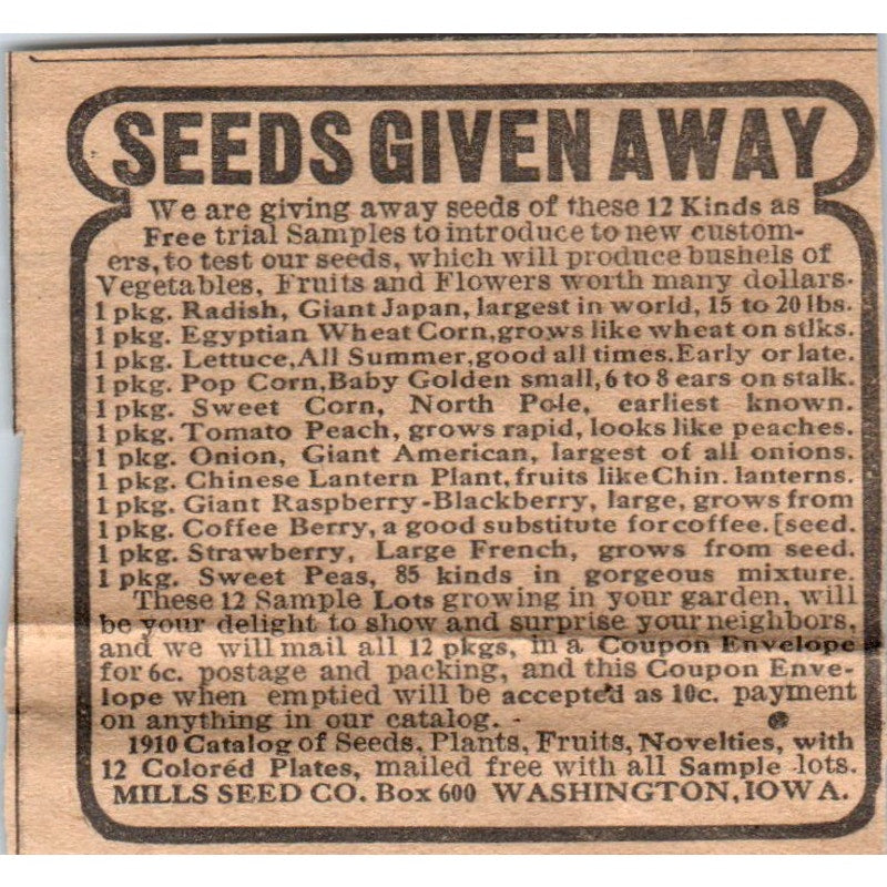 Seed Giveaway Mills Seed Co Washington Iowa 1910 Magazine Ad AF1-CM2