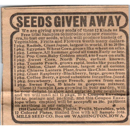 Seed Giveaway Mills Seed Co Washington Iowa 1910 Magazine Ad AF1-CM2