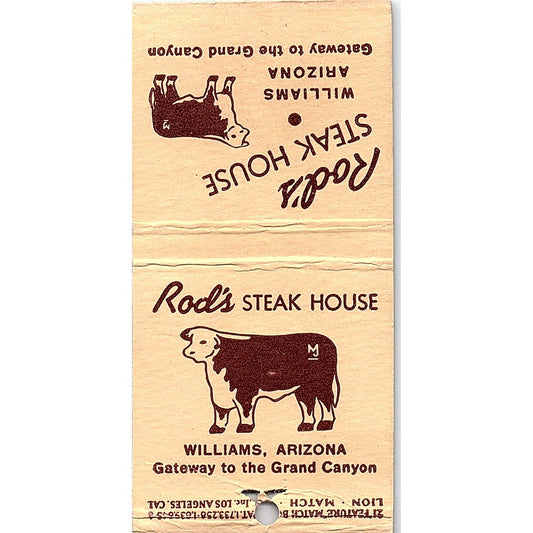 Rod's Steak House Williams Arizona Vintage Matchbook Cover SC7-Y3