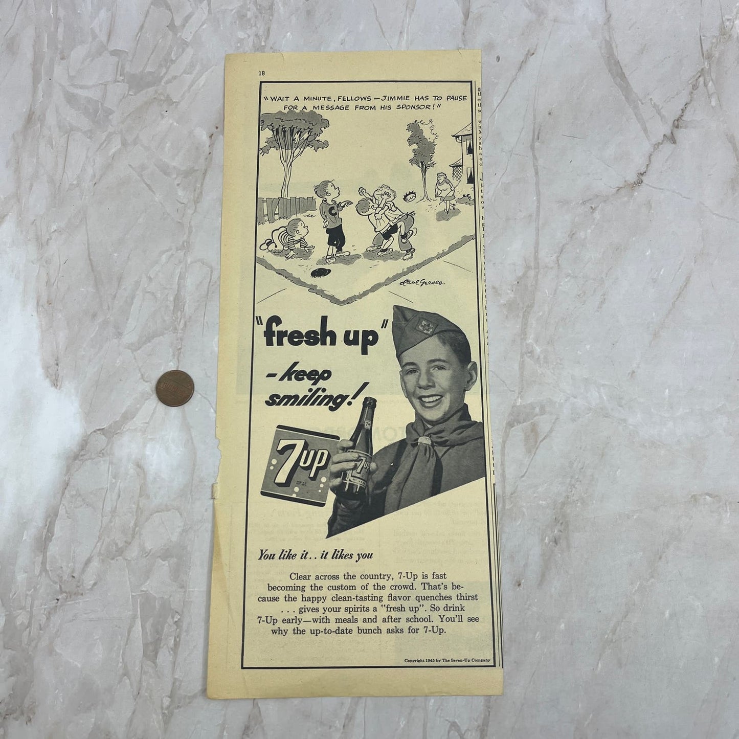 1945 7-Up Soda Boys Roughhousing 4.5x12 Vintage Magazine Advertisement FL6-6